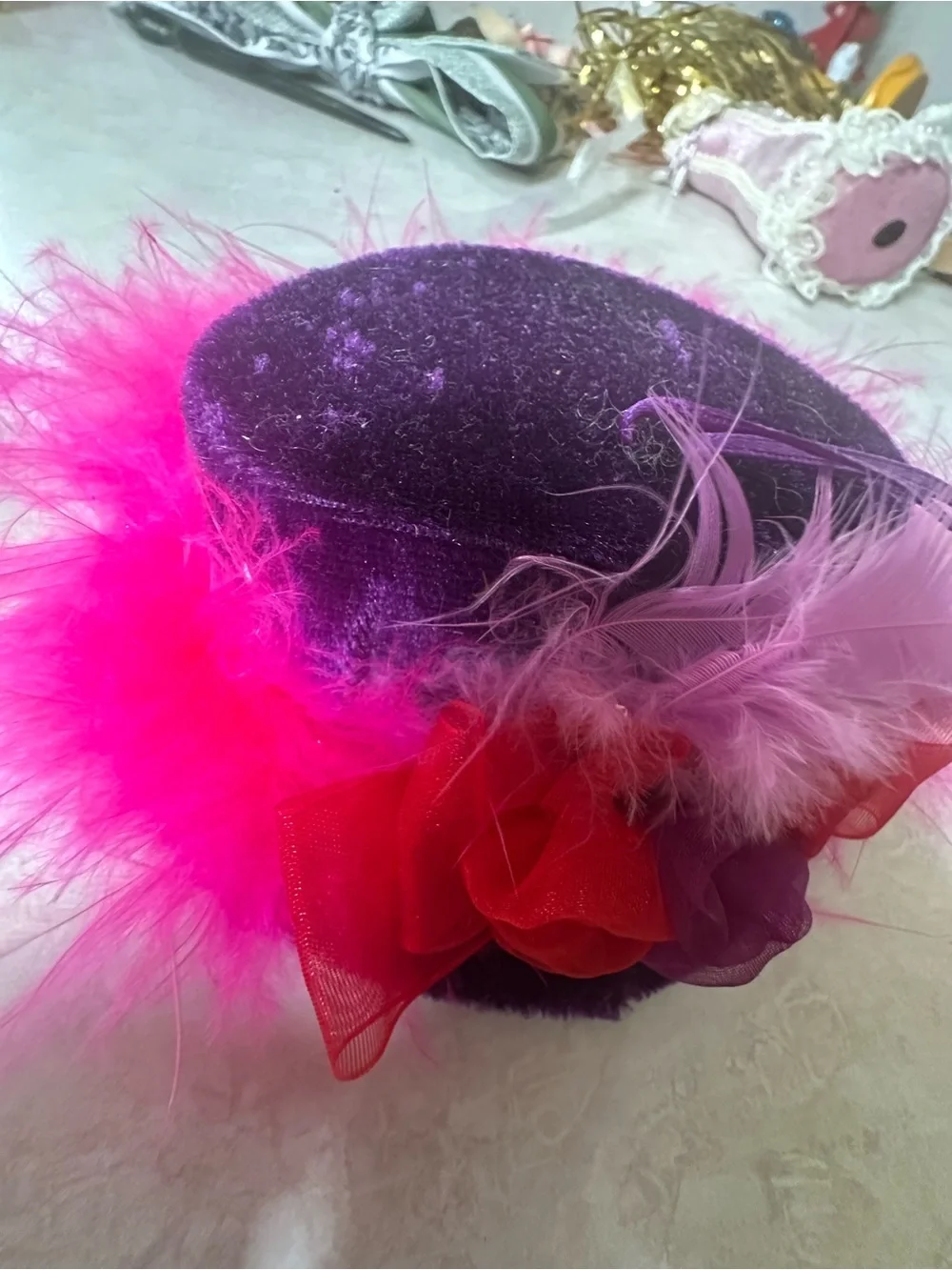 Red Hat Society Assorted Feathered Mini Fascinator Ornaments - Pink & Purple